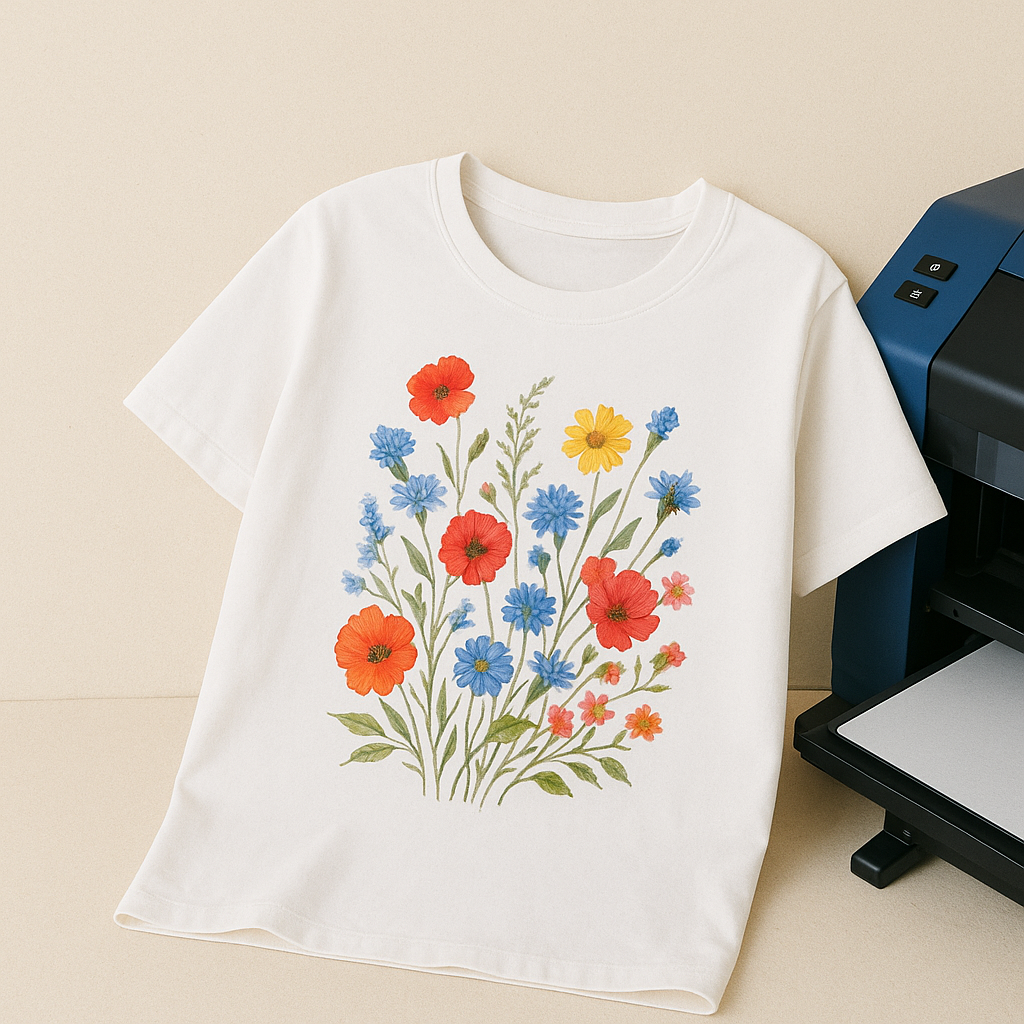 A white T-shirt with a vibrant floral DTF print displayed next to a blue and black DTF printer on a beige background, highlighting the printing quality and design capabilities of DTF technology."