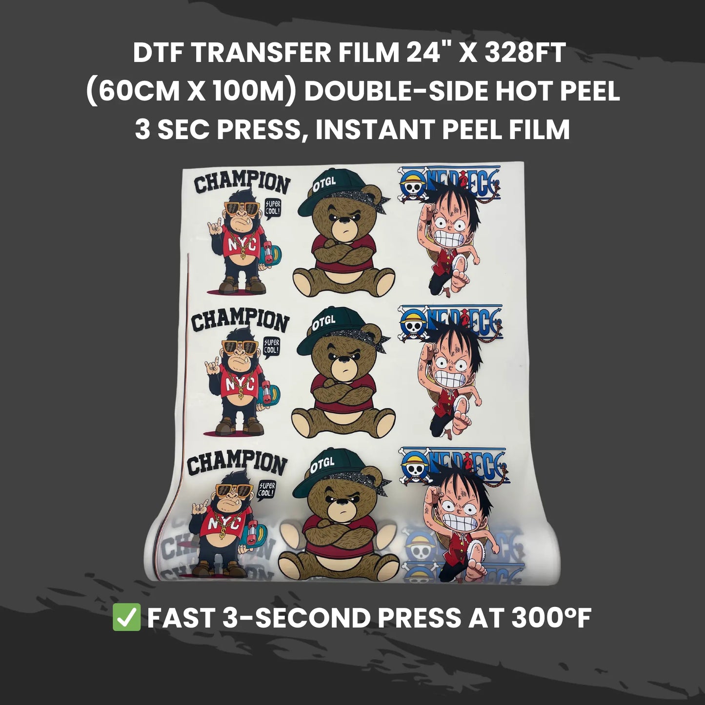 DTF Transfer Film 24" x 328FT (60cm x 100m) Double-Side Hot Peel – 3 Sec Press, Instant Peel Film - DTFONESTOP