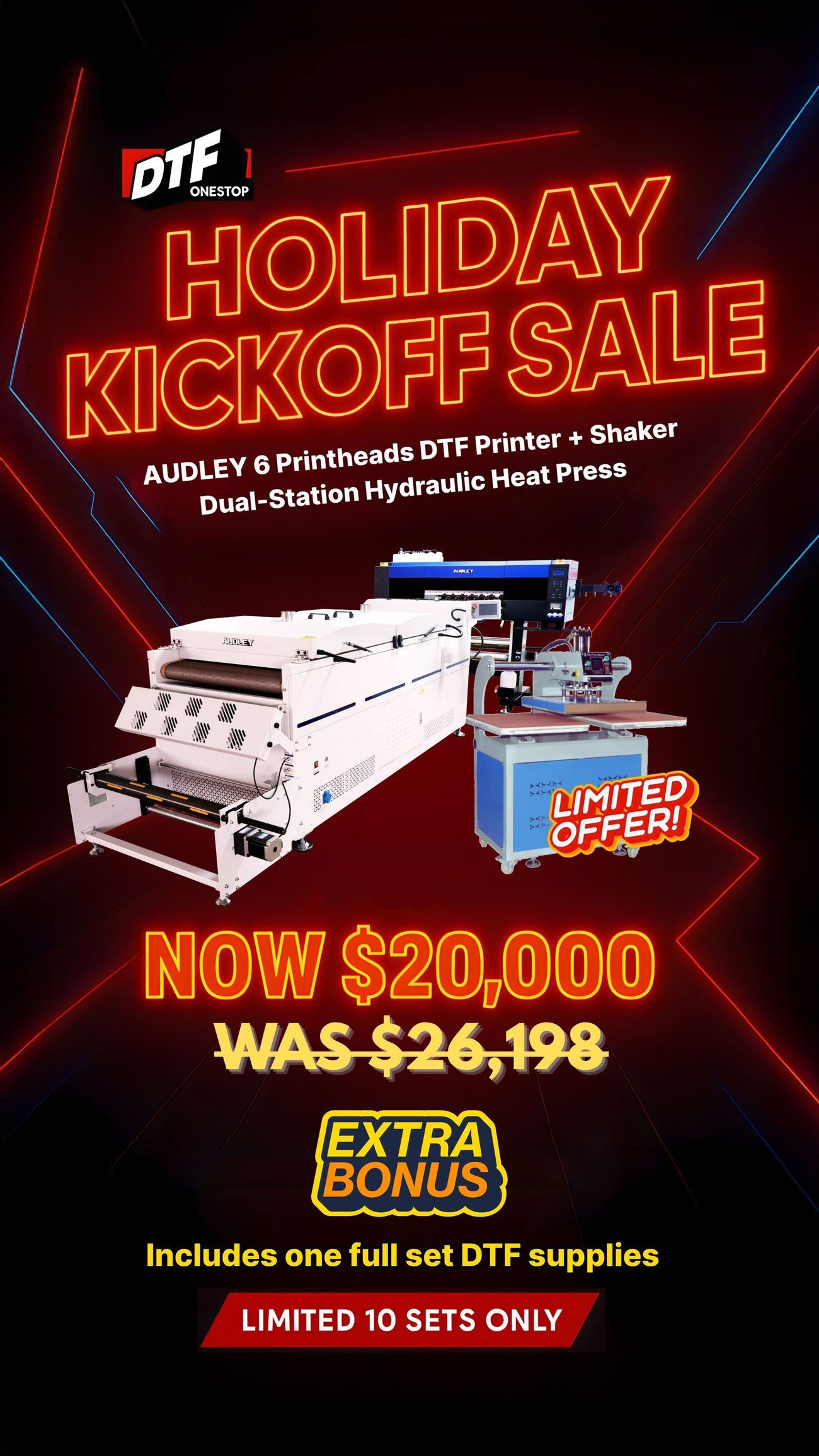 Holiday Kickoff Pro DTF Bundle – Audley 6-Head Printer + Shaker + Dual-Station Heat Press + Inks, Film & Powder DTFONESTOP