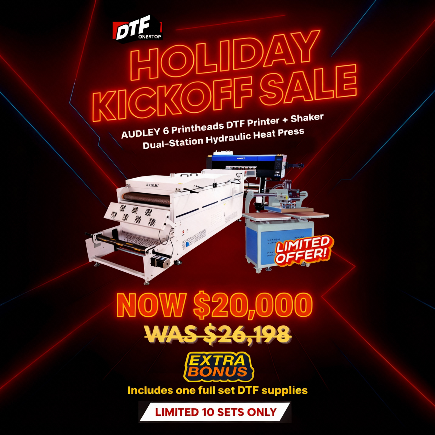 Holiday Kickoff Pro DTF Bundle – Audley 6-Head Printer + Shaker + Dual-Station Heat Press + Inks, Film & Powder DTFONESTOP