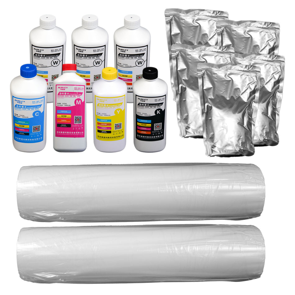 DTF Printing Essentials Kit - White, CMYK Inks, Powder, and Transfer Film Included - DTFONESTOP
