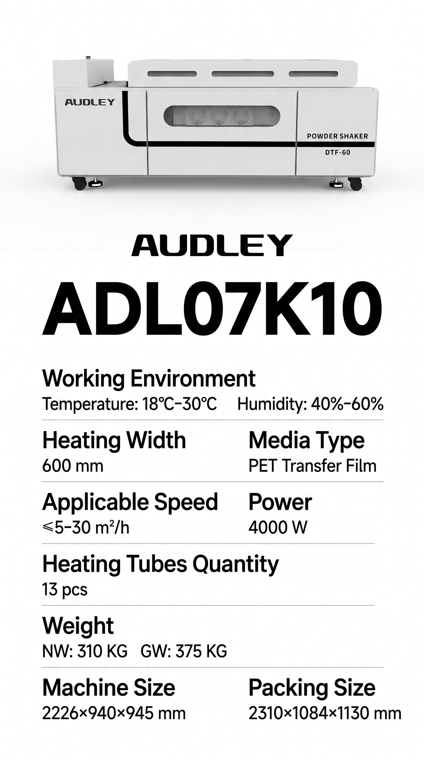 ADL07K10 Automatic DTF Powder Shaker 4-Head / 6-Head DTF Powder Shaker & Dryer