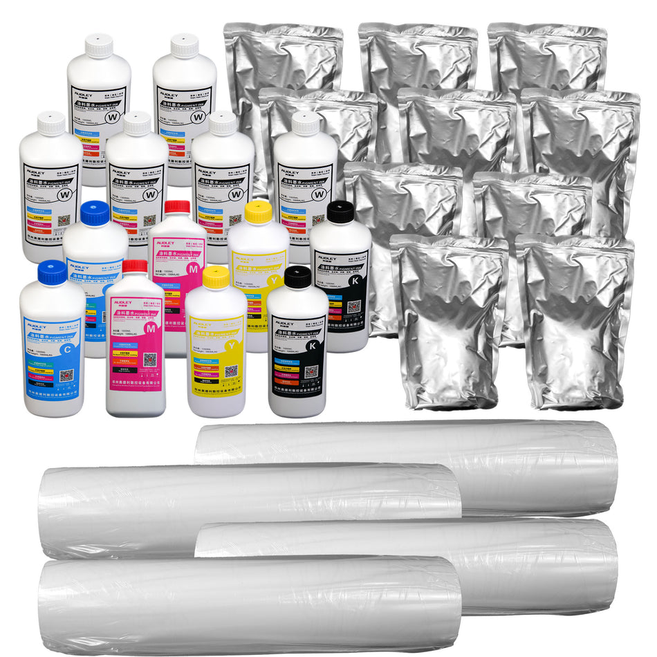 DTF Printing Essentials Kit - White, CMYK Inks, Powder, and Transfer Film Included - DTFONESTOP