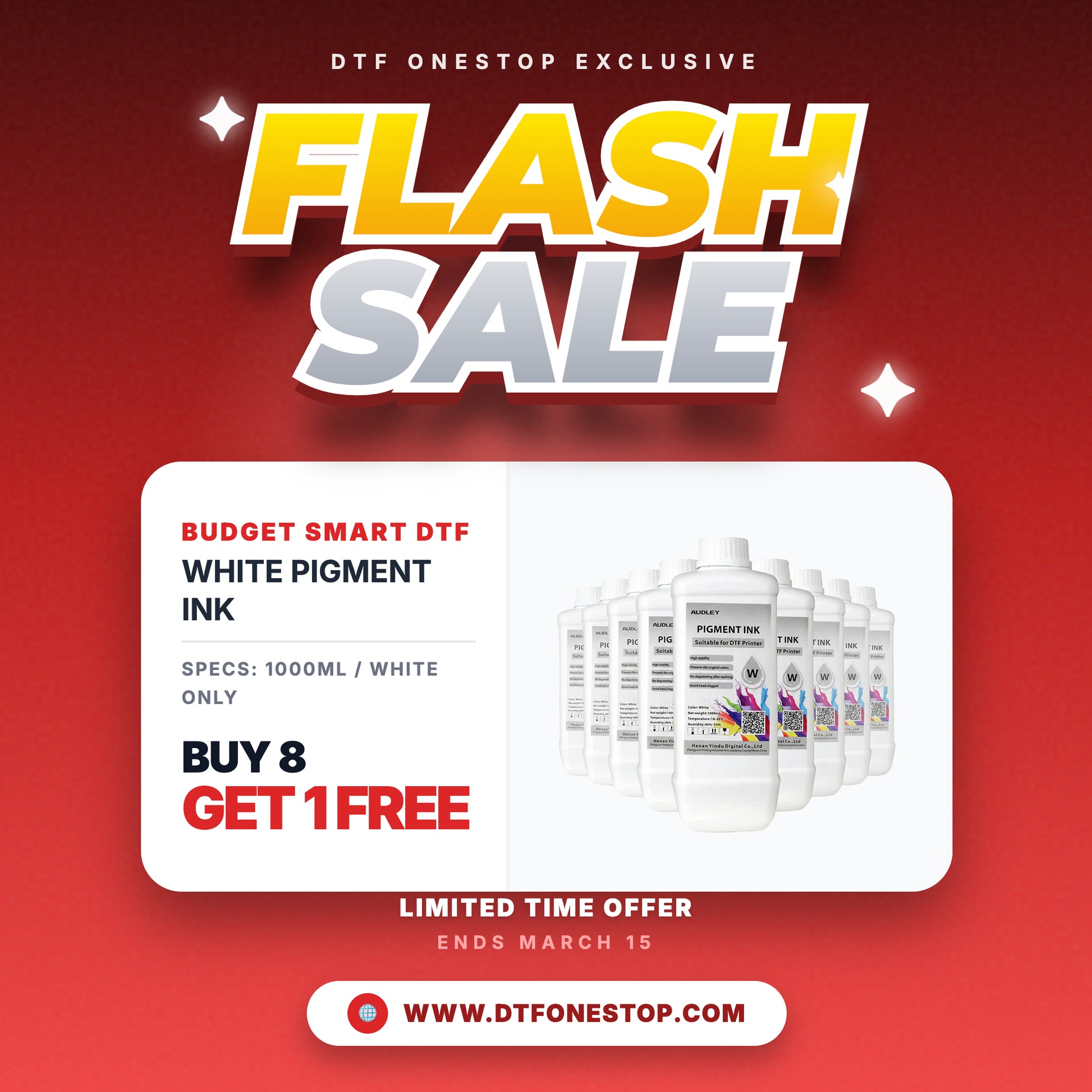 Audley 1L Budget-Friendly DTF Ink, 1 Liter bottle — Buy 8 Get 1 Free