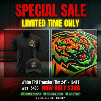 White TPU Transfer Film 24" × 164FT (60cm × 50m) – UV Printable Film for Fabric Transfers, Washable & Flexible DTFONESTOP