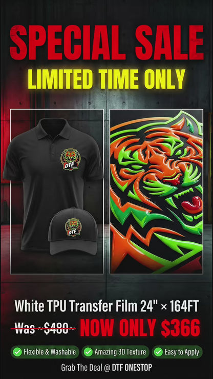 White TPU Transfer Film 24" × 164FT (60cm × 50m) – UV Printable Film for Fabric Transfers, Washable & Flexible